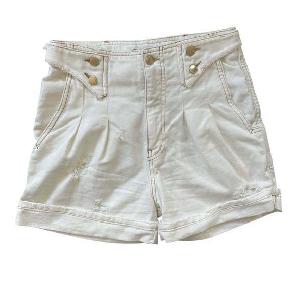 Retrofete Cream Cotton Buckle Back Distressed High Rise Shorts Trixie Size 25